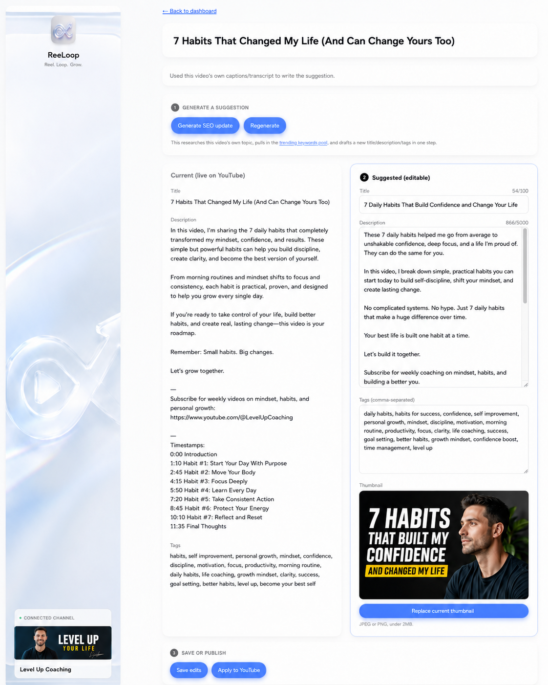 ReeLoop's video review and Apply screen